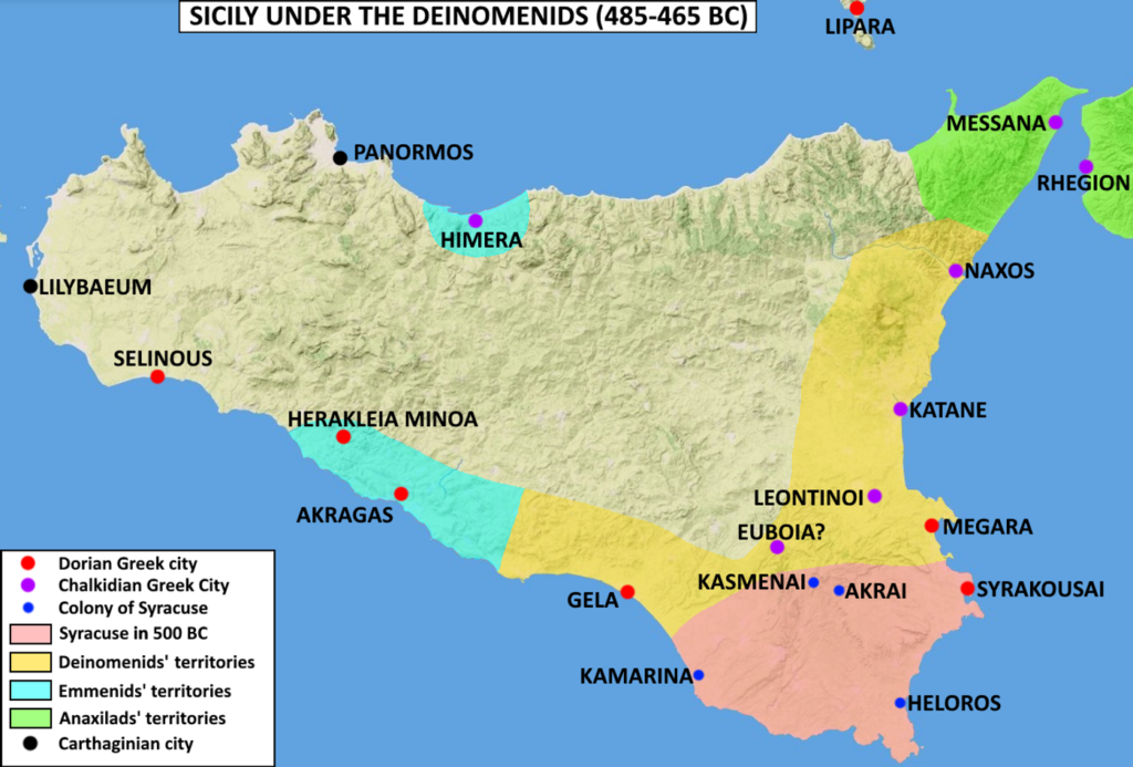 Quanti giorni servono per visitare Lipari — Map of Sicily under the Deinomenids tyrants (485-465 BC). It shows the core territory of Syracuse (in red), and the other Greek cities contr
