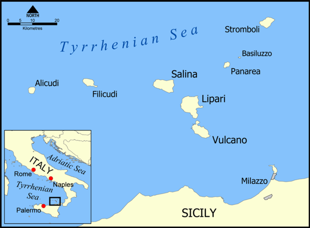 Le spiagge di Lipari: guida alle coste dell’isola — This is a map of the Aeolian Islands off the coast of Sicily, Italy in the Tyrrhenian Sea. The map shows the location of the islands of Sali