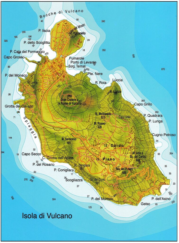 Acquacalda: il volto tranquillo del nord di Lipari — Carte topographique de l'île Volcano redessinée d'après l'Instituto Geografico De Agostini, Novare