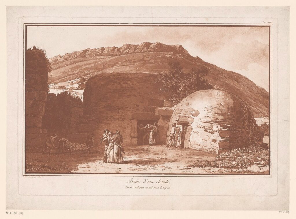 Da Quattropani alle Terme di San Calogero a piedi — IdentificatieTitel(s): Gezicht op de termen van San Calogero te Lipari met figuren. Les Bains antiques d'eau chaude dits de Saint Calogero,