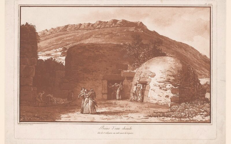 Da Quattropani alle Terme di San Calogero a piedi — IdentificatieTitel(s): Gezicht op de termen van San Calogero te Lipari met figuren. Les Bains antiques d'eau chaude dits de Saint Calogero,